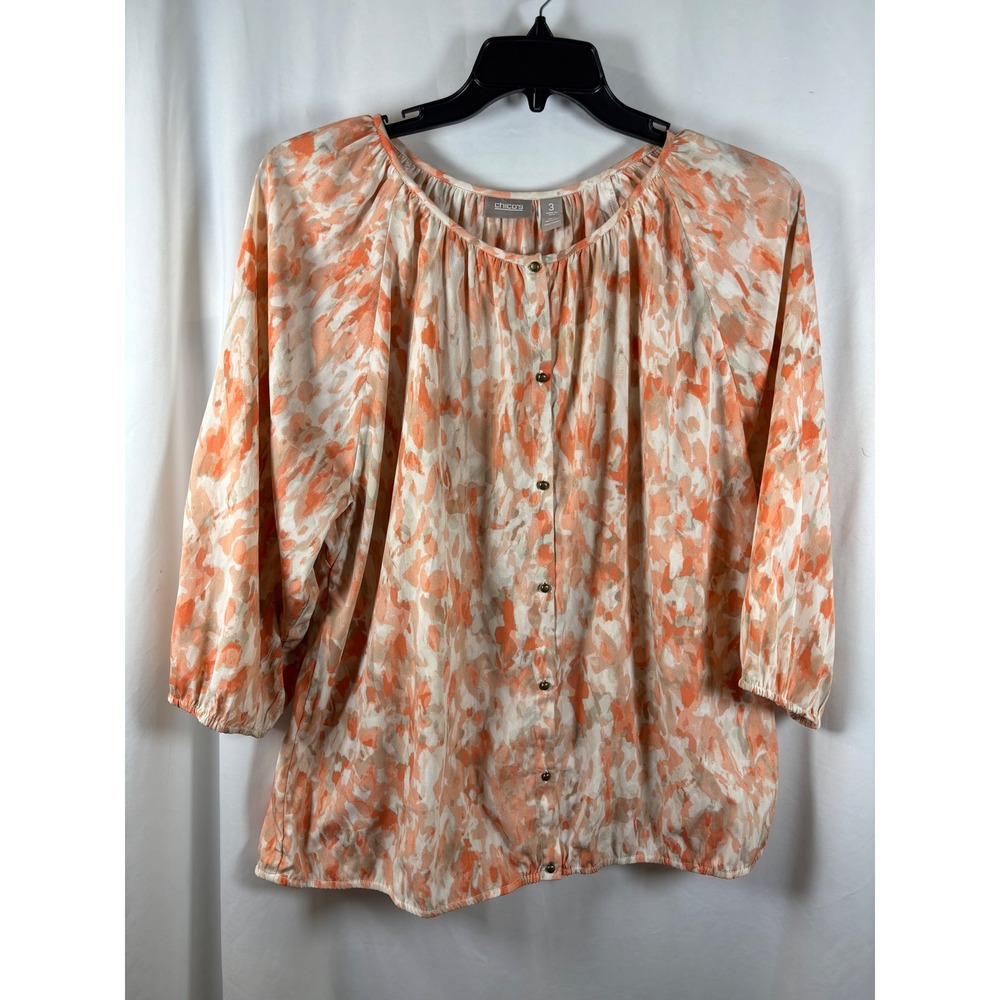 Chicos Women 3 Orange Abstract Watercolor Peasant Blouse 3/4 Sleeve Top